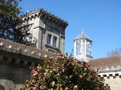 Torre almenada y linterna acristalada tras unas camelias en flor del Gran Balneario do Carballiño