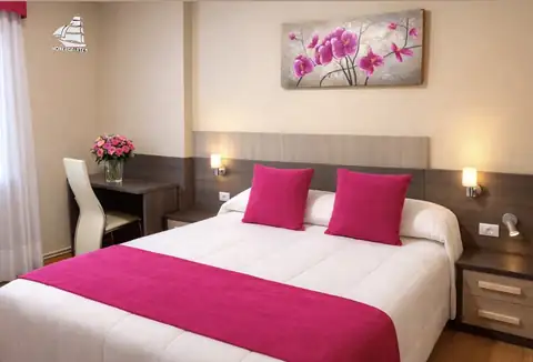 Habitación doble con cojines fucsia y escritorio en el Hotel Spa Galatea de Burela