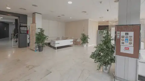 Amplio vestíbulo con suelo de mármol, plantas y sofás en el Hotel Spa Odeón de Narón